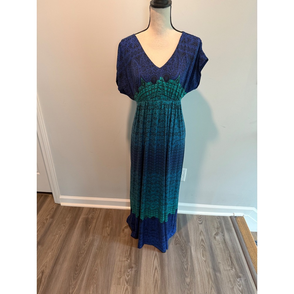 Soma Blue Teal Medallion Print Maxi Dress V-Neck Empire Waist size Medium